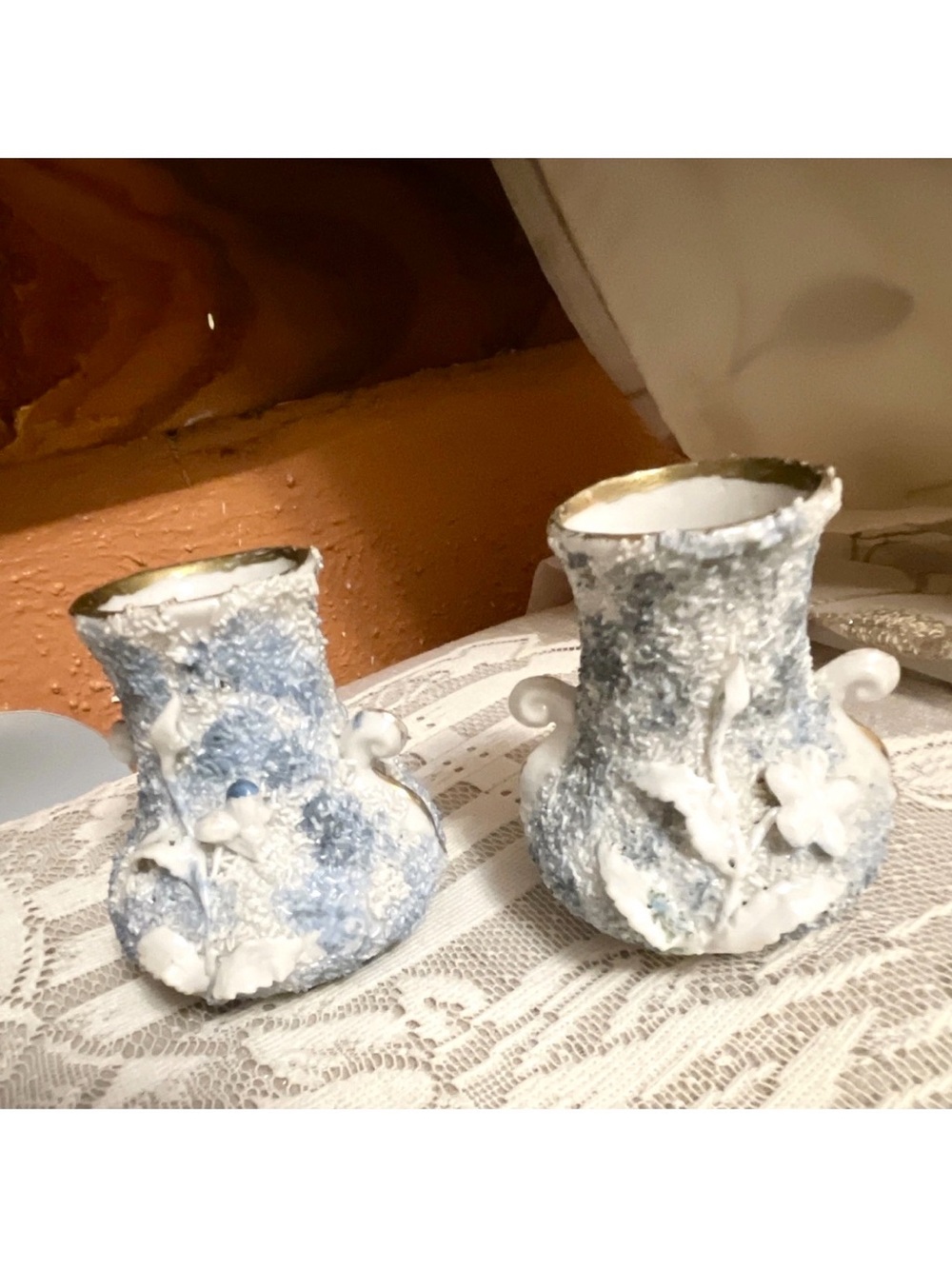 Dresden porcelain mossware Blue and White Textured Ceramic Floral Vases - Pair